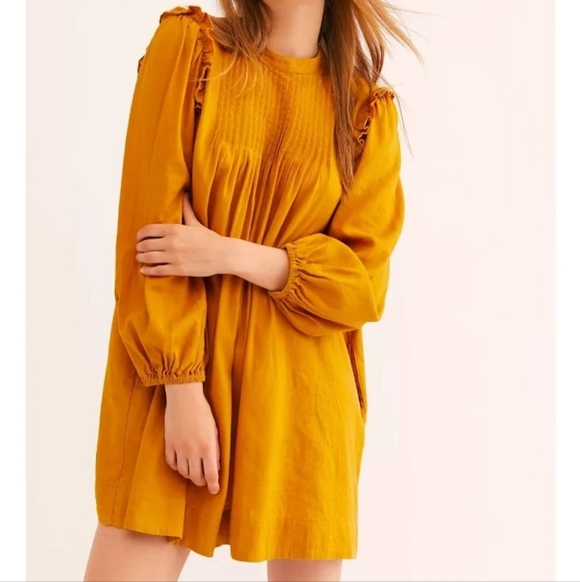 Free People Dresses & Skirts - Free People Pintuck Tunic Linen Top Mustard